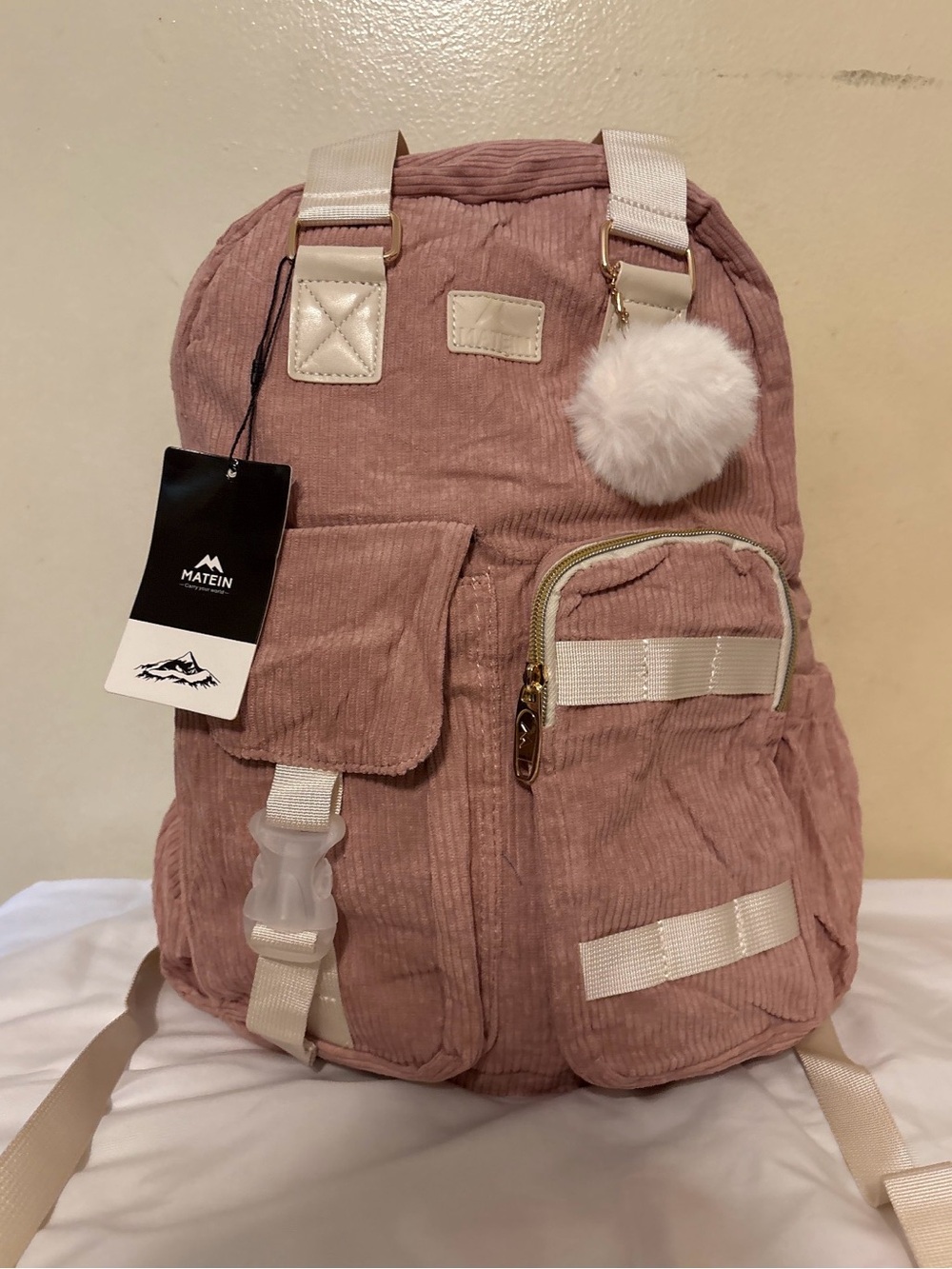 Women's Pink Corduroy laptop backpack with Pom Pom Charm